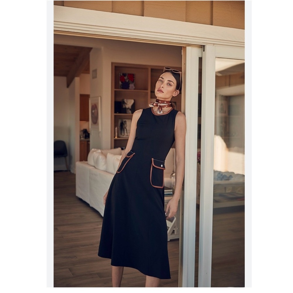 Joseph Ribkoff Black Midi Dress with Tan Accents Sz 10